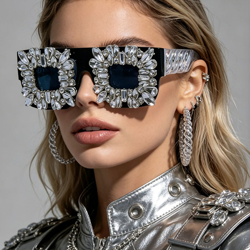 Sunglass Retainer Cord - Exaggerated Bling Rhinestone Square Glasses Women