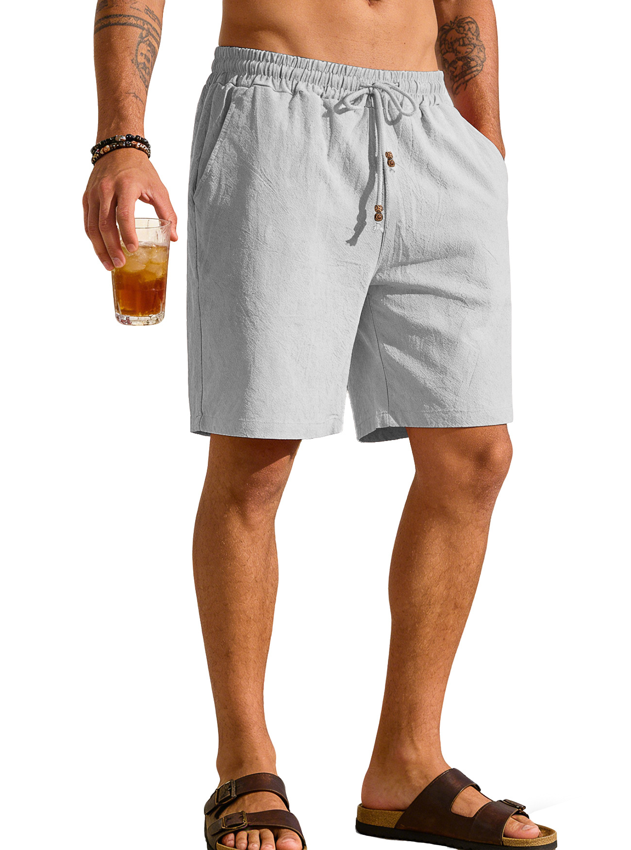 Short Linen Drawstring - Men Solid Cotton Linen Shorts Summer