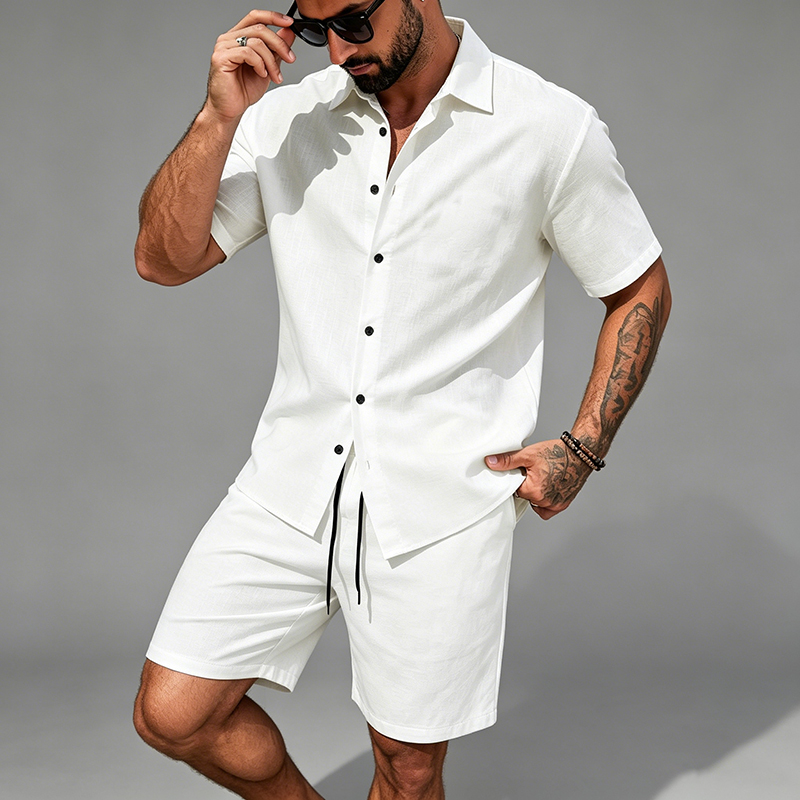 Men Linen Two Piece Outfit Sho - Short Linen Drawstring reseña y precio