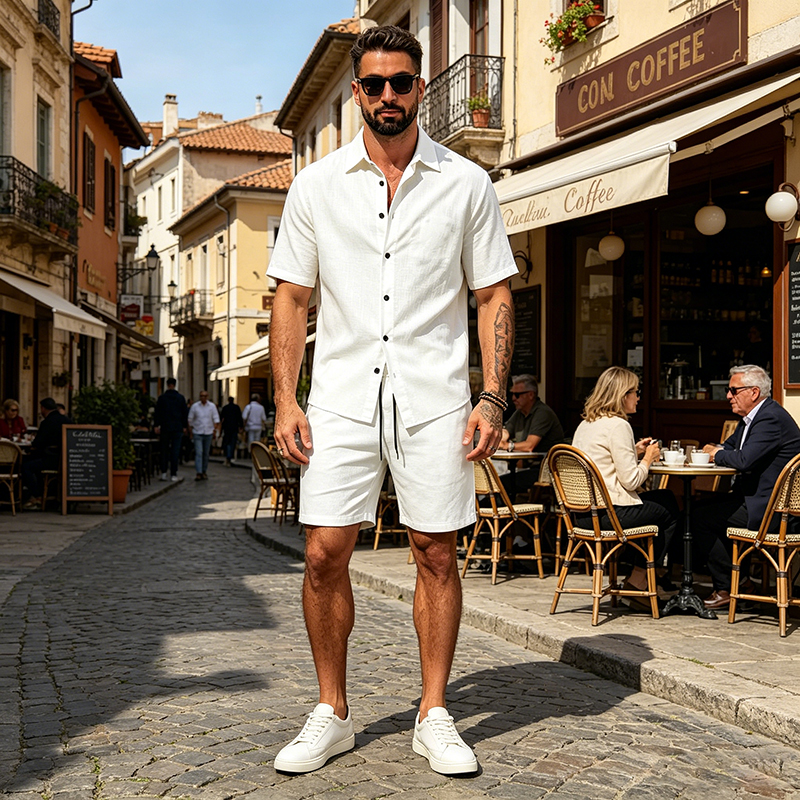 Men Linen Two Piece Outfit Sho - Short Linen Drawstring reseña y precio