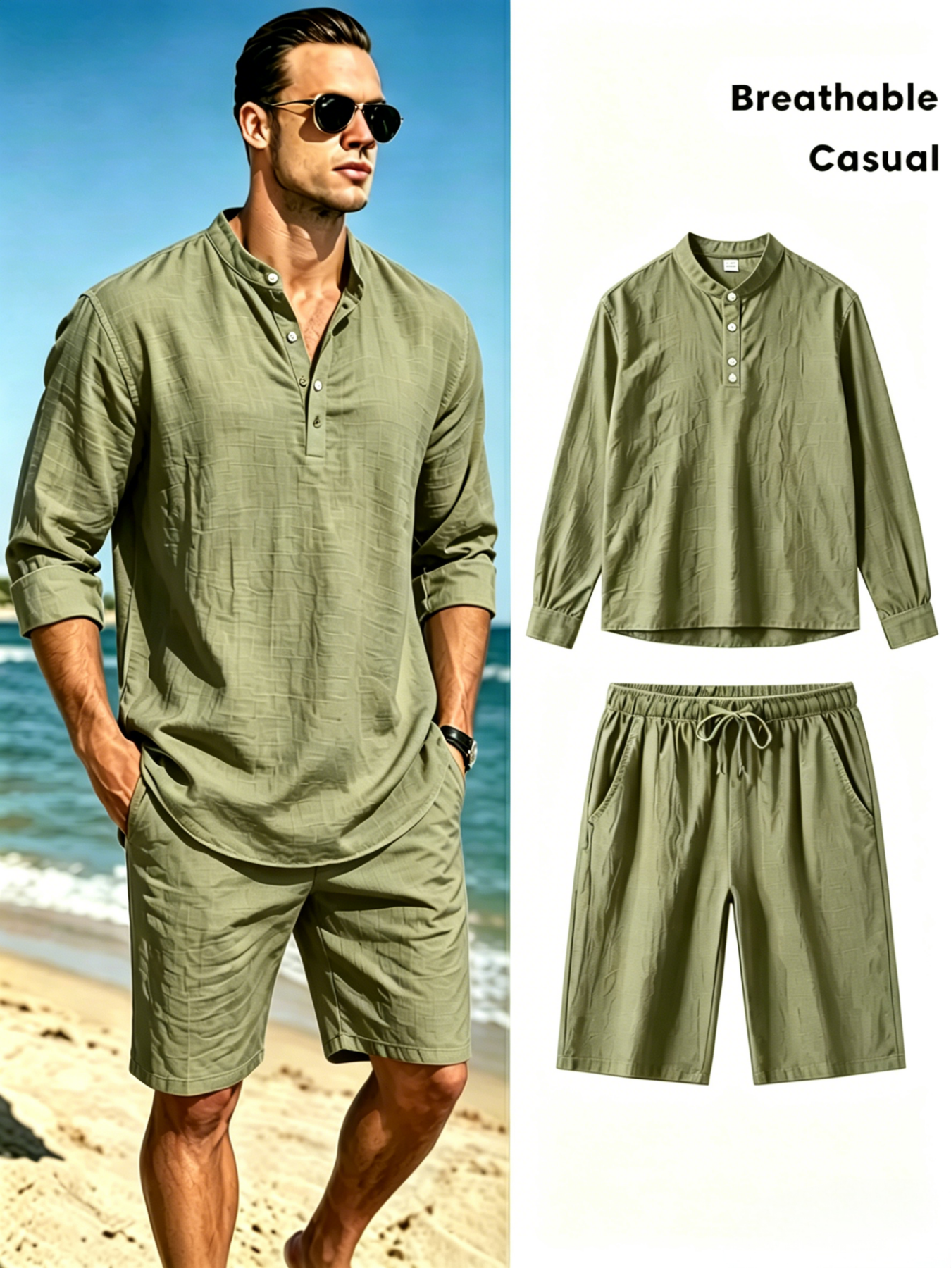 Men's Cotton Linen Henley Shir - Short Linen Drawstring reseña y precio