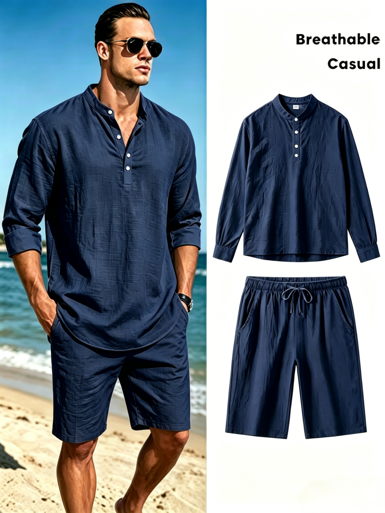Men's Cotton Linen Henley Shir - Short Linen Drawstring reseña y precio