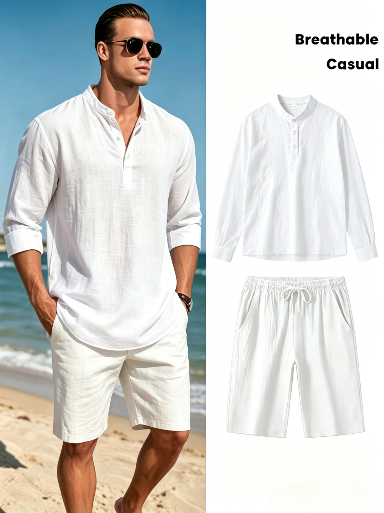 Men's Cotton Linen Henley Shir - Short Linen Drawstring reseña y precio