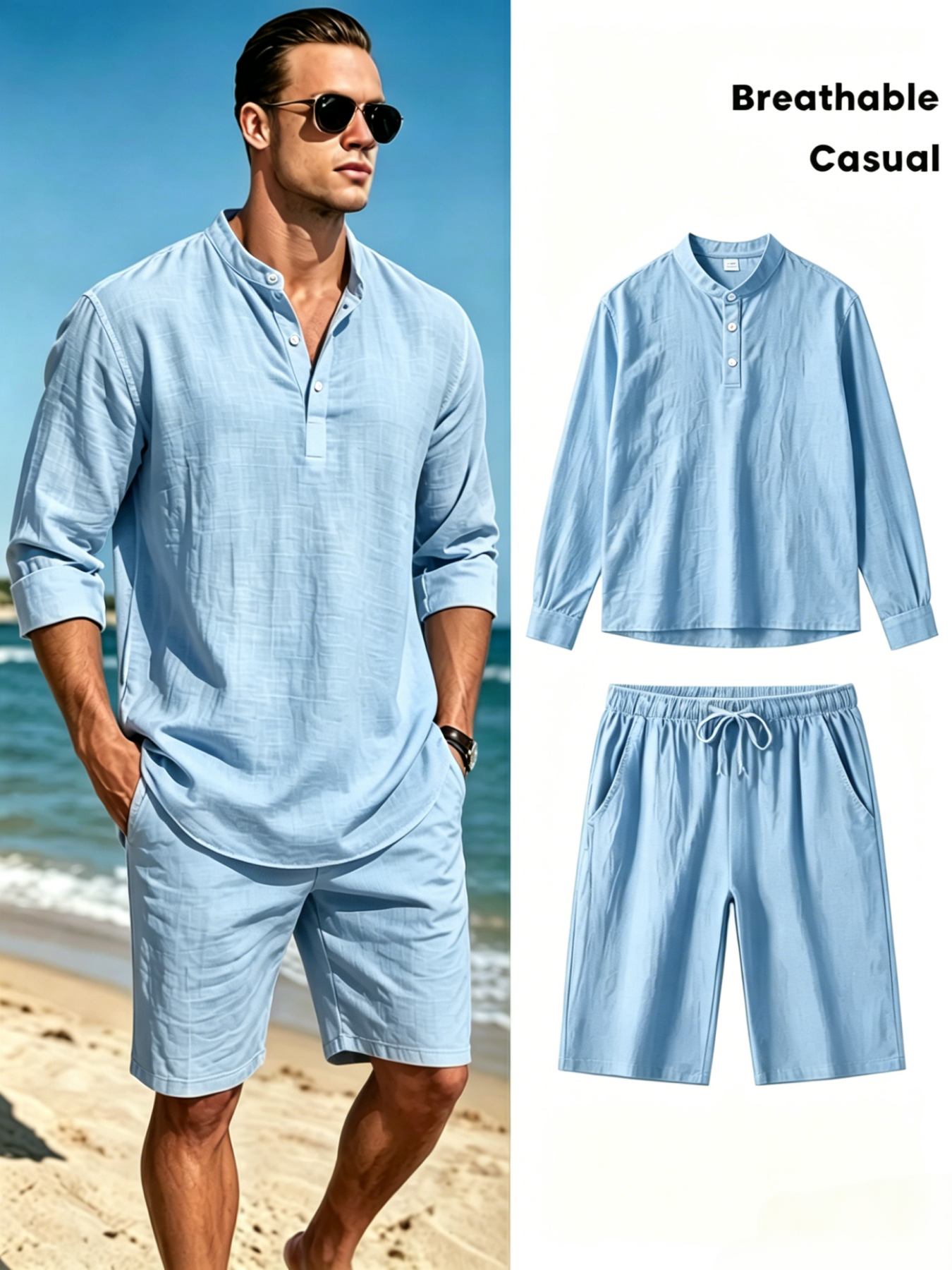 Men's Cotton Linen Henley Shir - Short Linen Drawstring reseña y precio