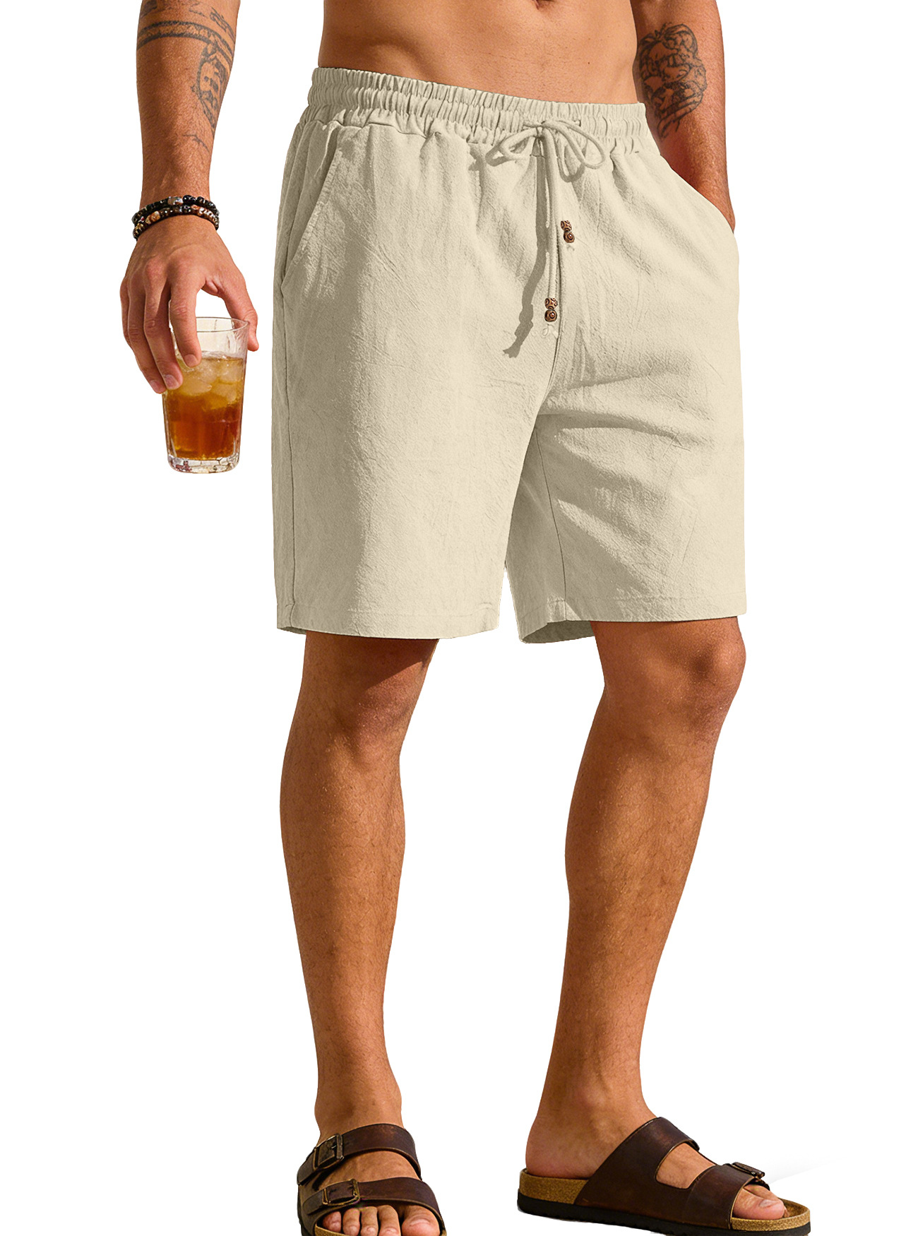 Men Solid Cotton Linen Shorts  - Short Linen Drawstring reseña y precio
